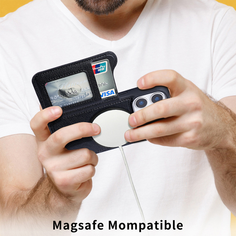 For Magsafe Magnetic Leather W - Leather Wallet Card Holder Phone Cover 评论和价格